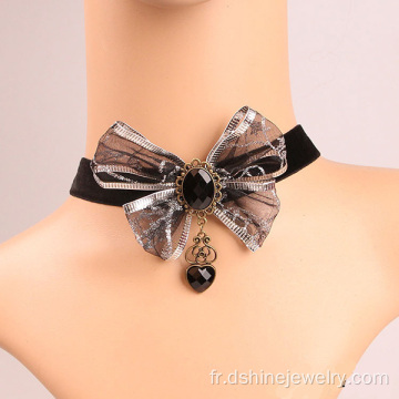 Bowknot dentelle argent Collier avec coeur charme velours Choker